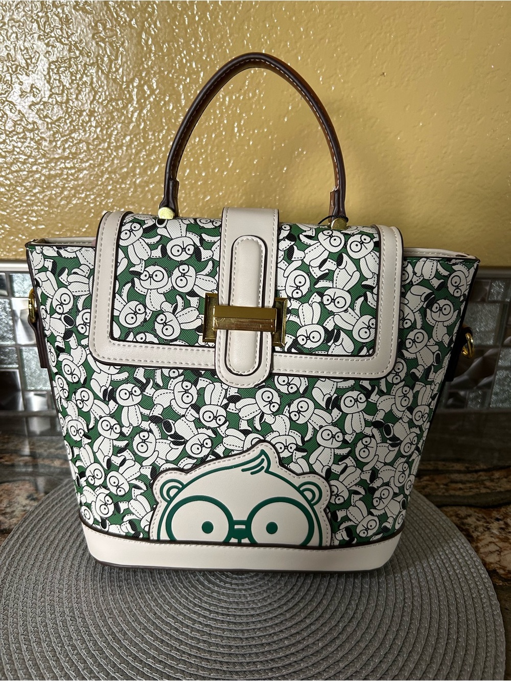 Cream Bear White and Green Patterned Top-Handle Backpack Tote